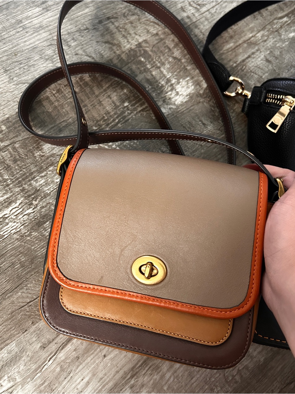 Coach 1941 color block Leather Crossbody Bag in Taupe with Orange Trim